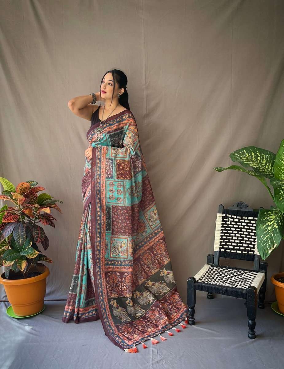 Teal Saree in Cotton Kalamkari Printed