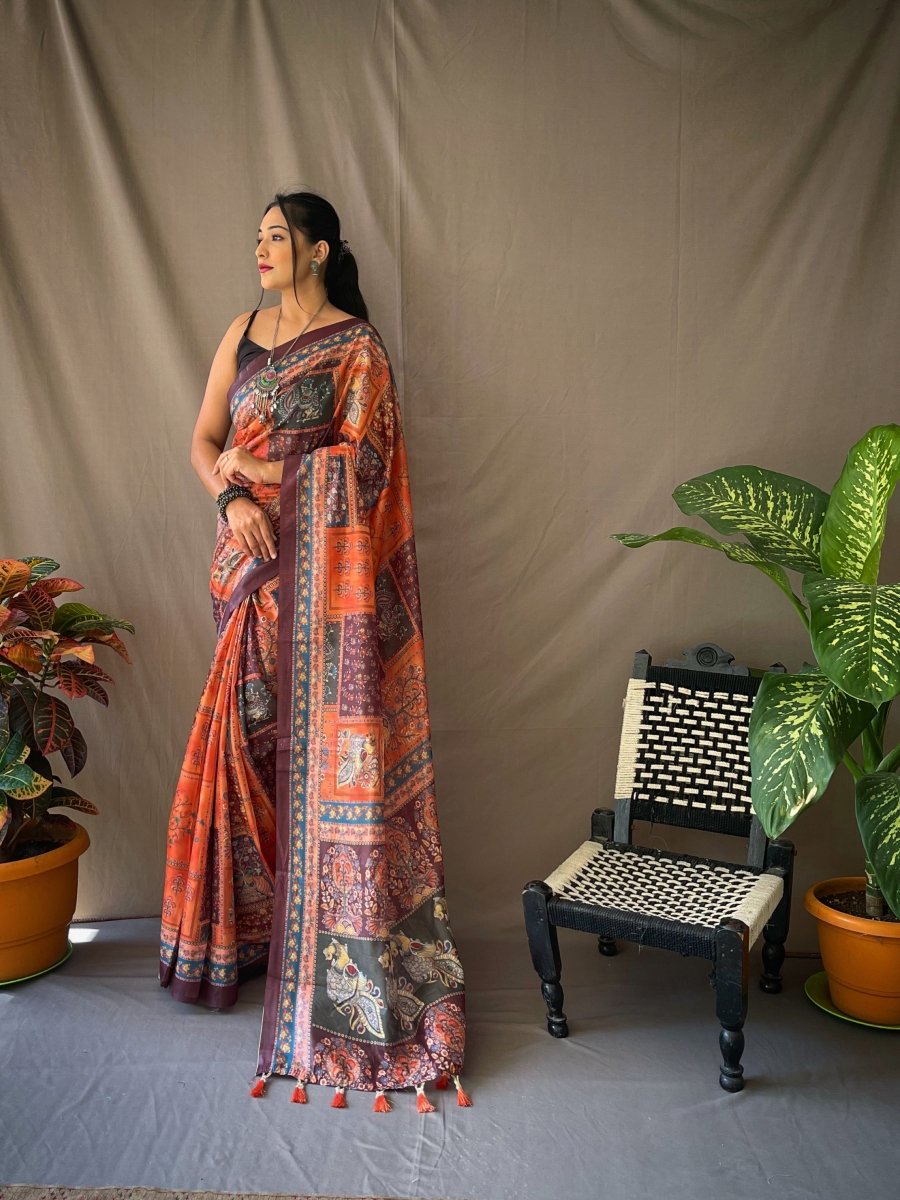 Sunrise Orange Saree in Cotton Kalamkari Printed