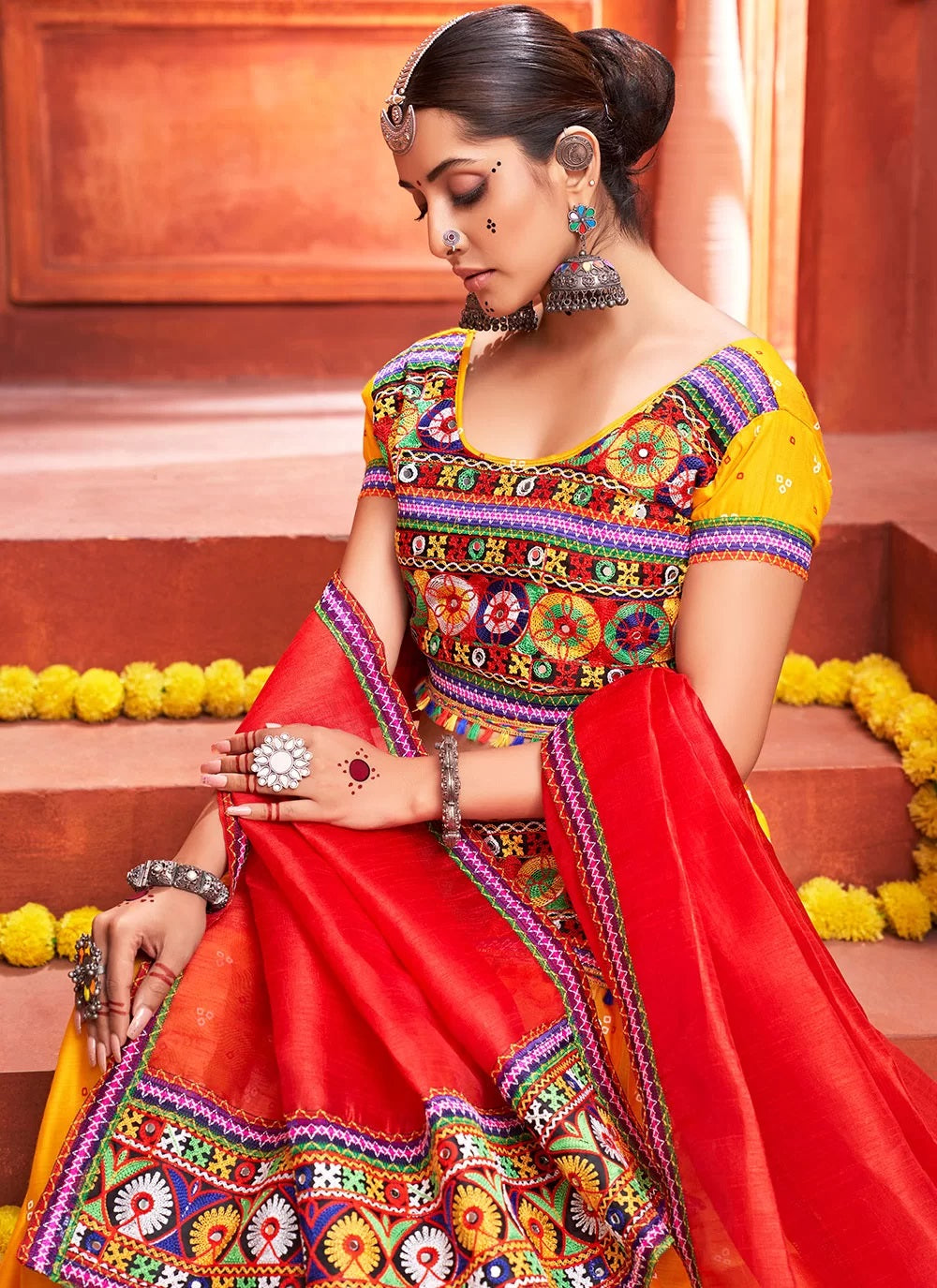 Cotton silk mirror and bandhej work navratri chaniya choli