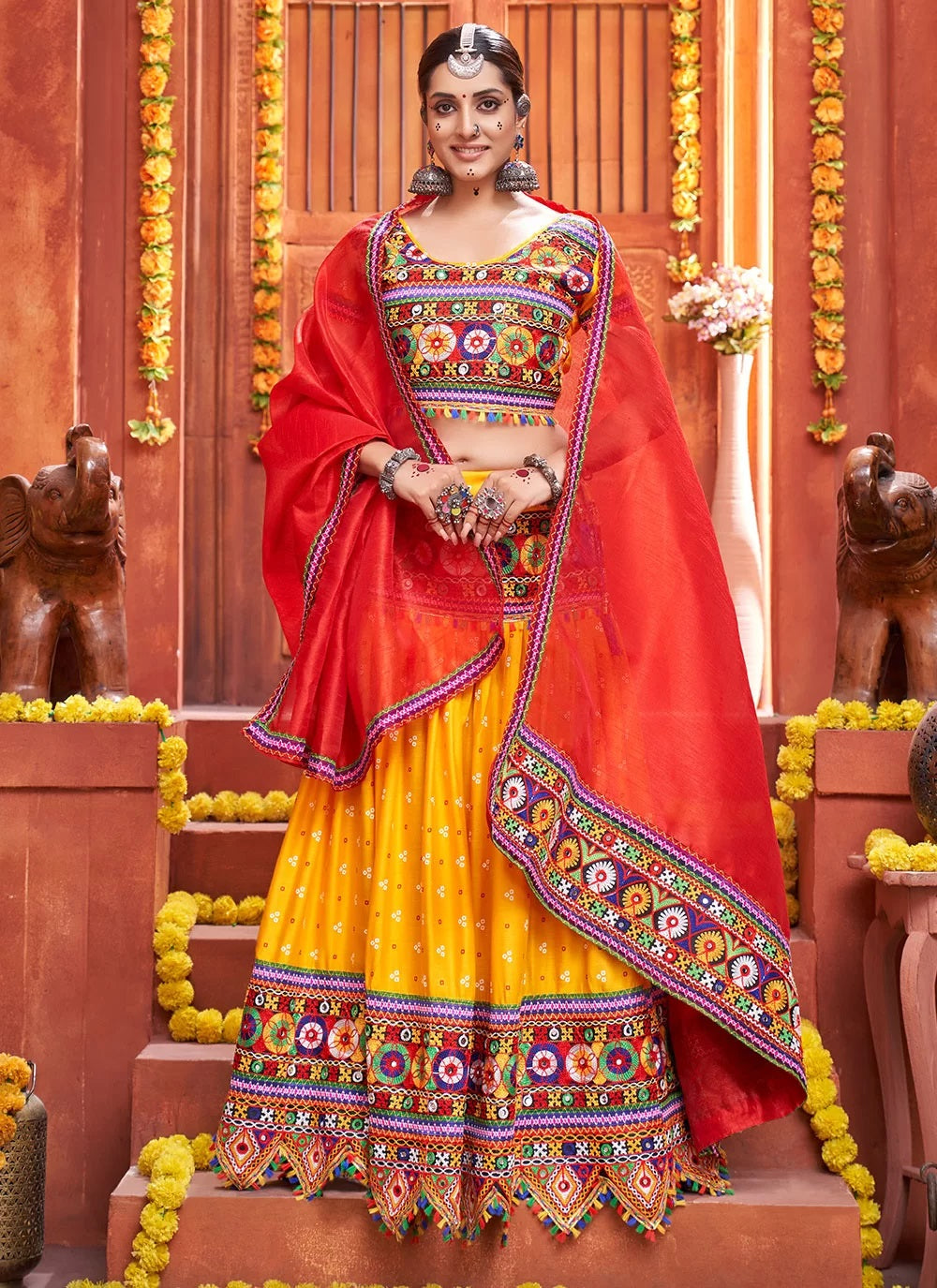 Cotton silk mirror and bandhej work navratri chaniya choli
