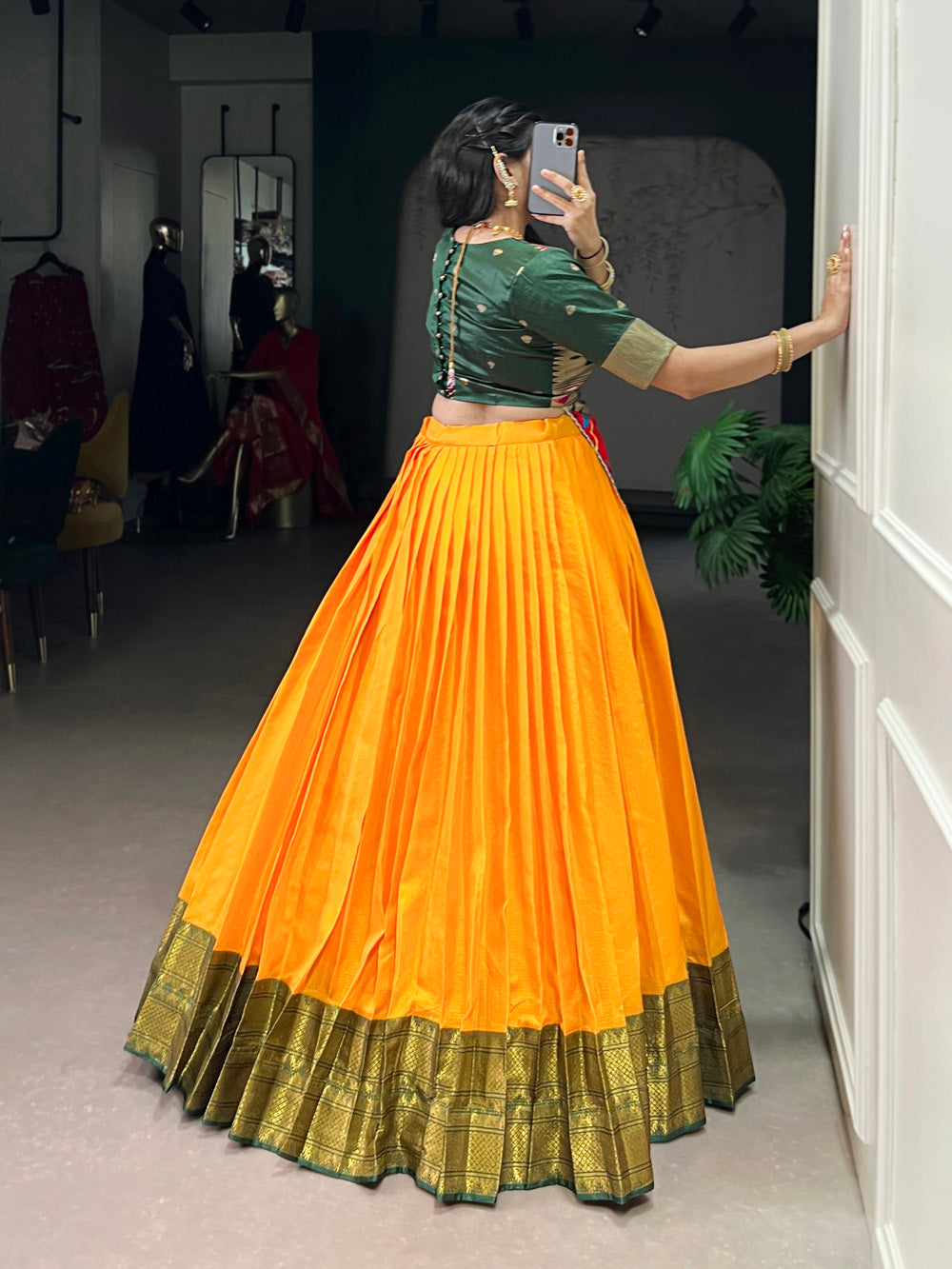 Mustard south indian style zari border lehenga choli with jacquard silk blouse