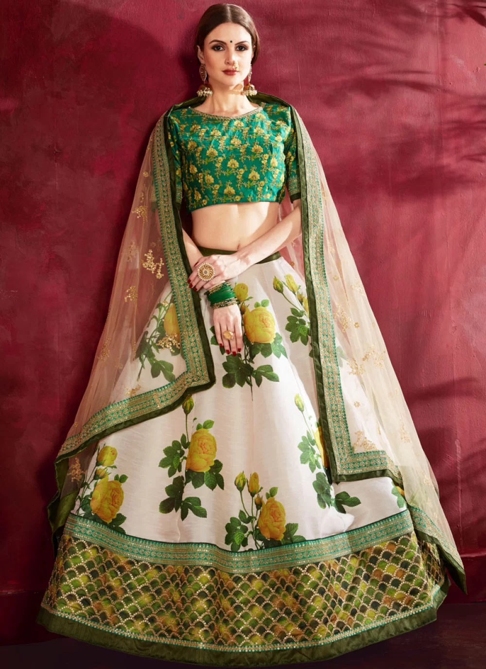 Cream bangalori silk printed lehenga
