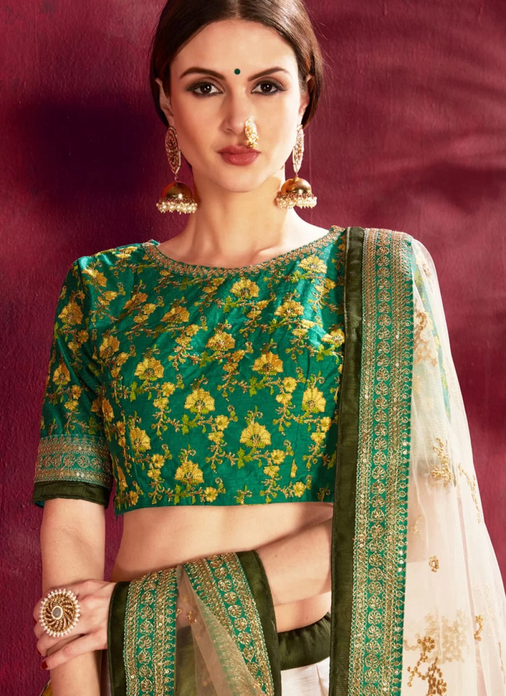 Cream bangalori silk printed lehenga