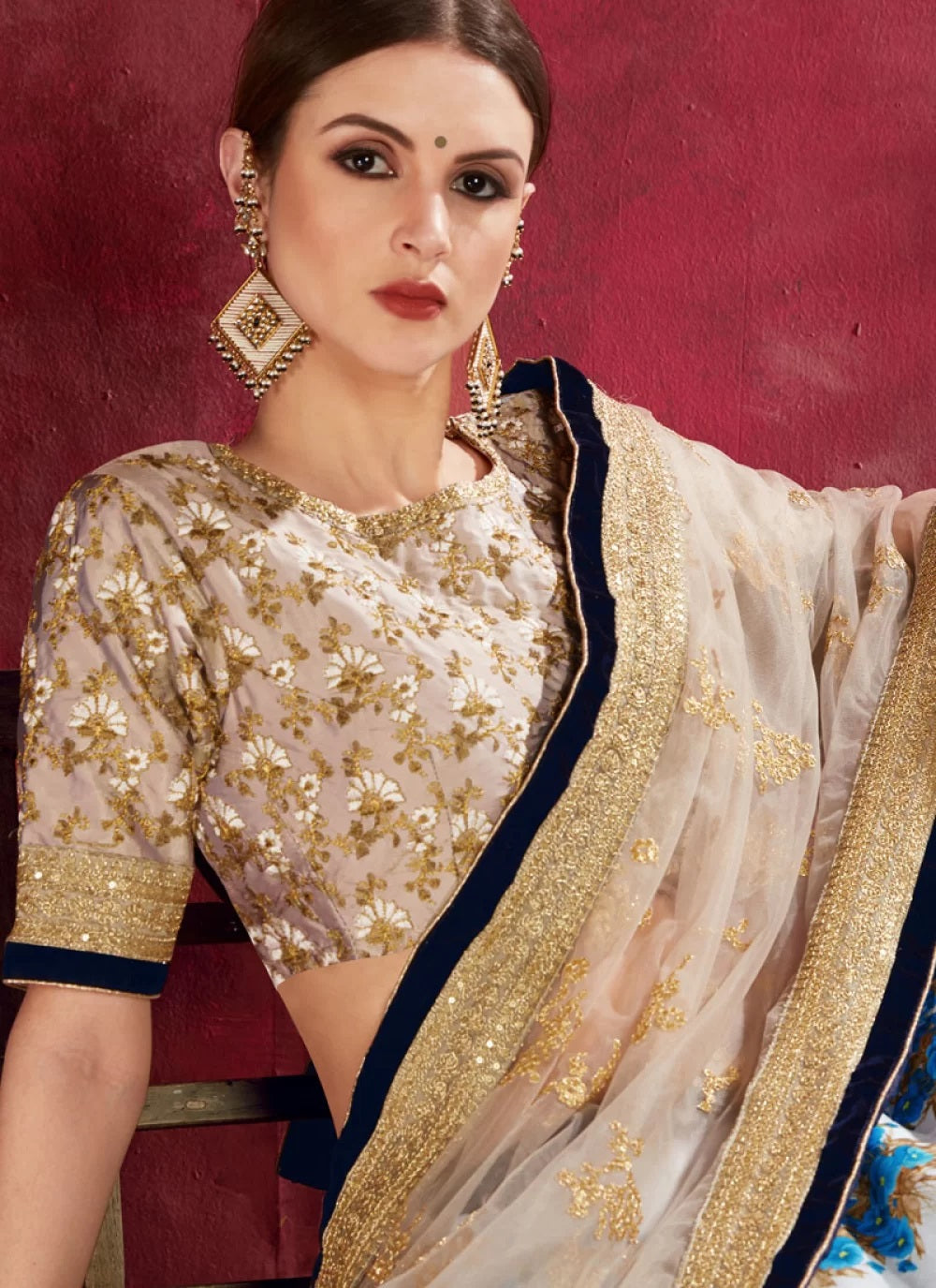 Cream bangalori silk printed lehengas