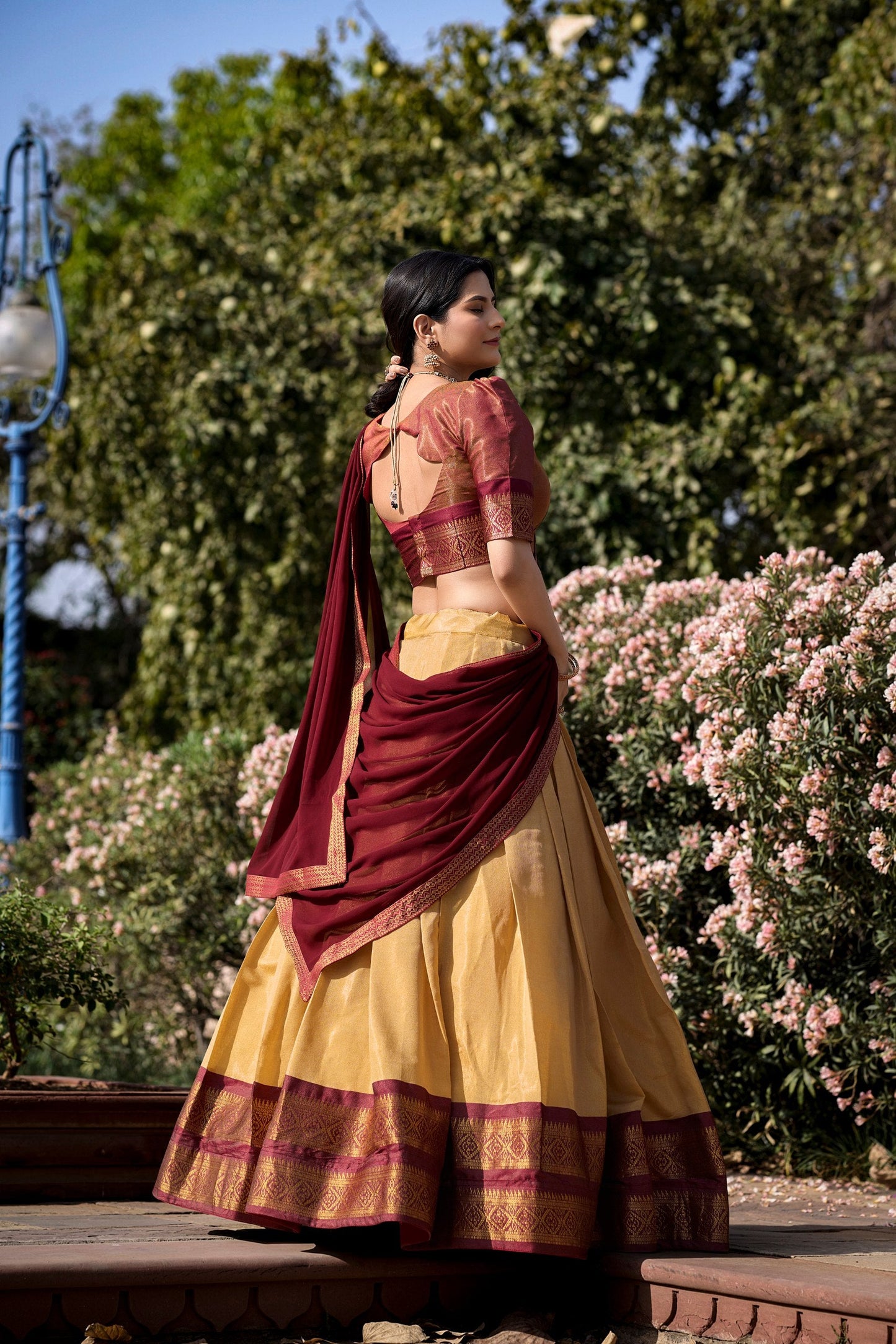 Cream Breathtaking South-Indian Kanchipuram Silk Lehenga Choli Set with Zari Weaving