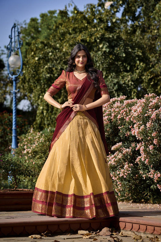 Cream Breathtaking South-Indian Kanchipuram Silk Lehenga Choli Set with Zari Weaving