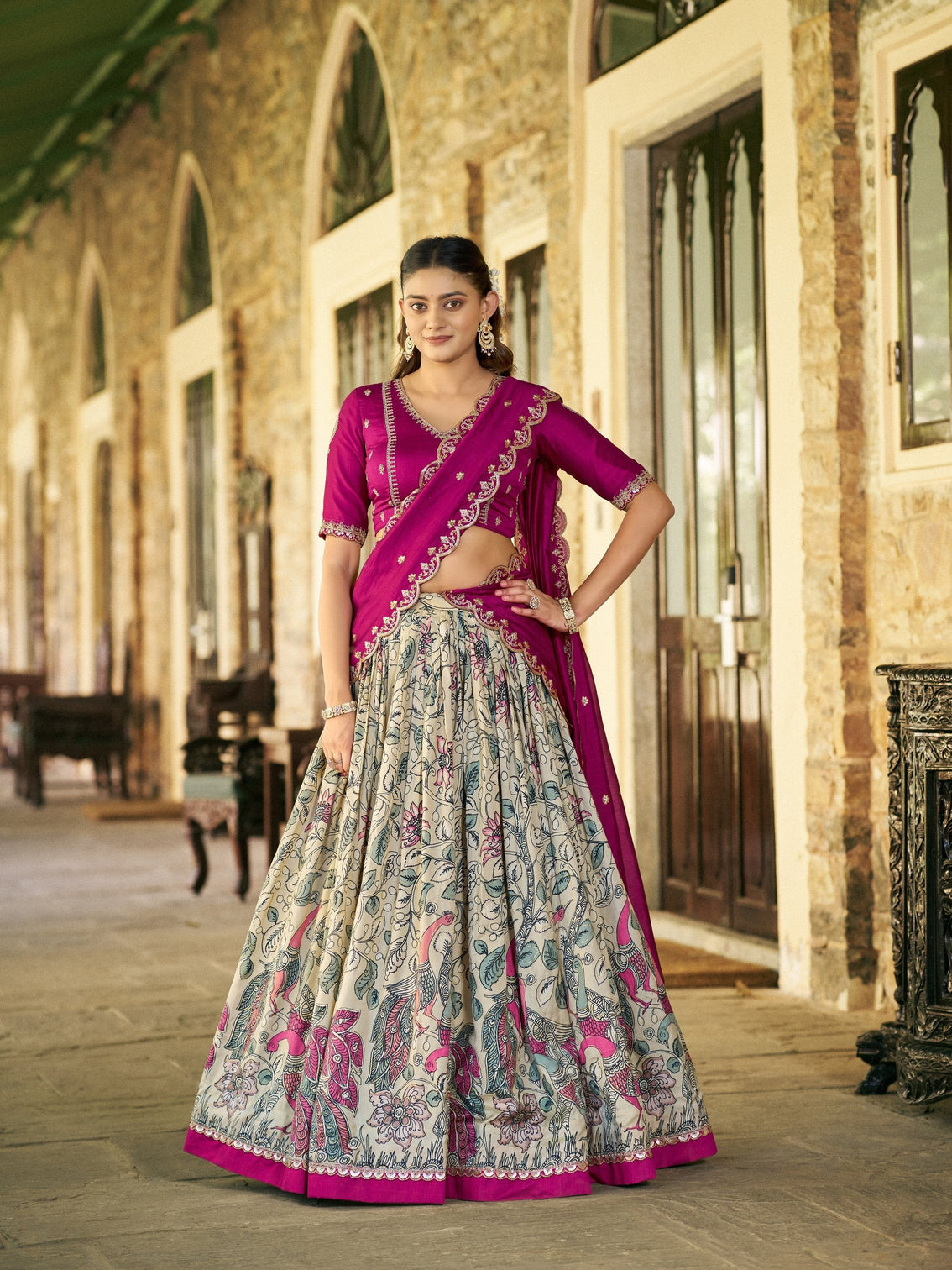 Embroidery work with kalamkari print lehenga choli