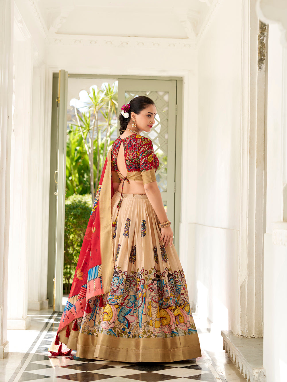 Cream dola silk kalamkari print lehenga with maroon dupatta unstitched blouse