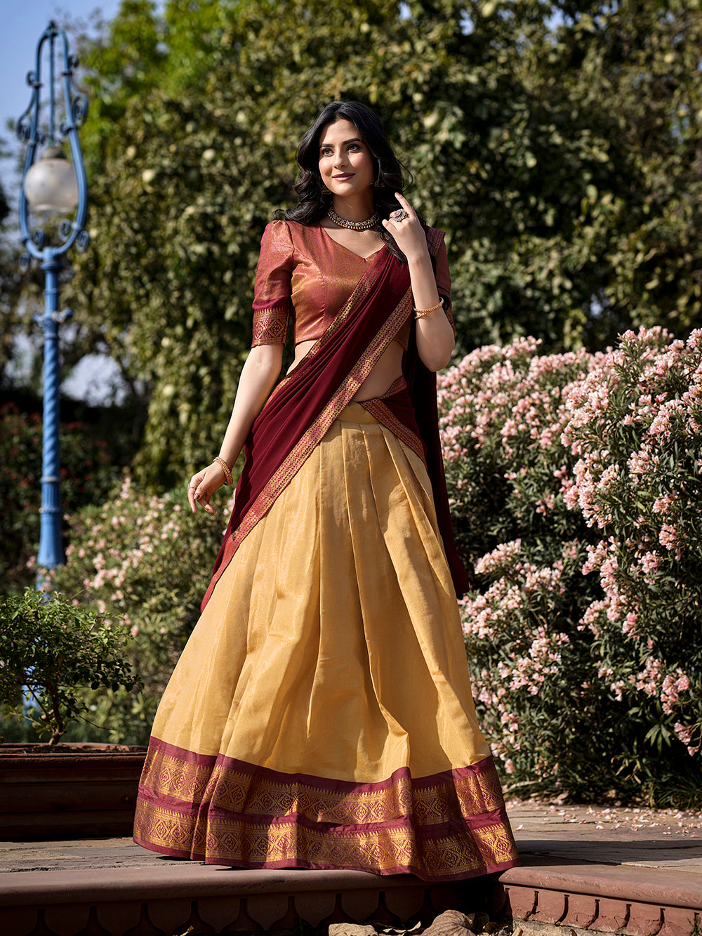 Cream color zari weaving work kanchipuram lehenga choli