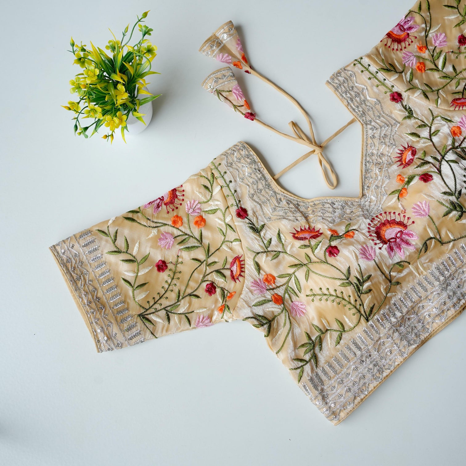 Cream Color Multi-Color Embroidered Silk Blouse