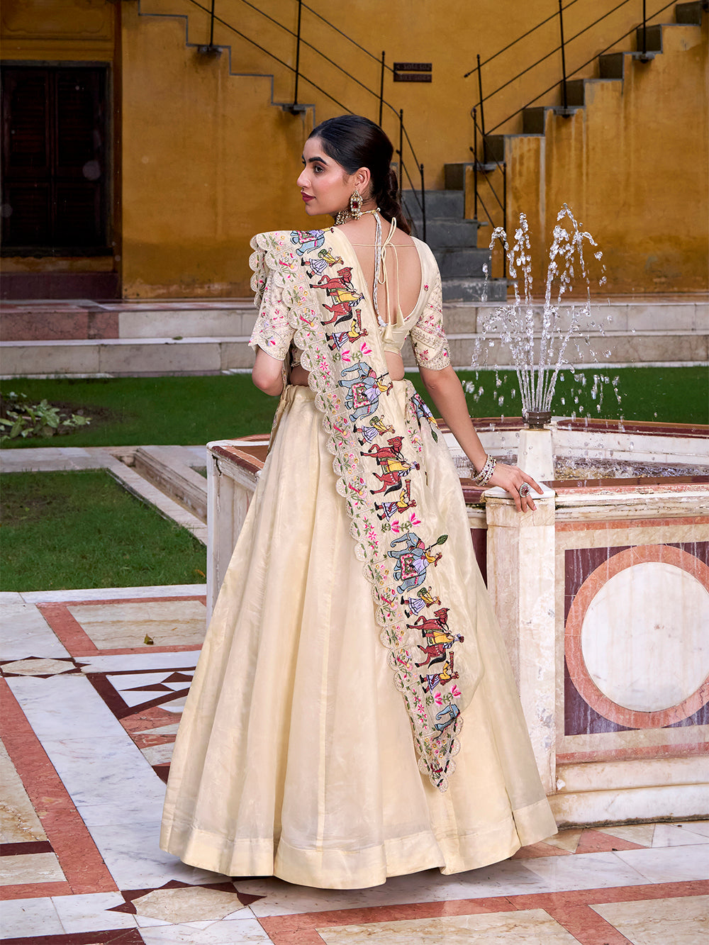 Cream raspberry lehenga choli with sequins thread embroidery 1m blouse material