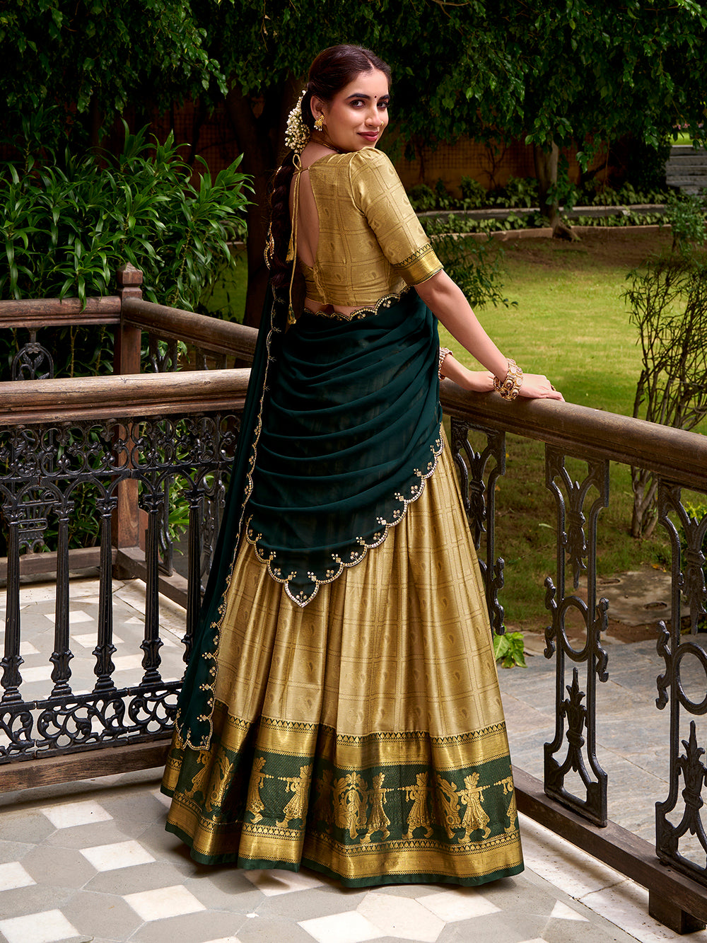 Cream poly cotton lehenga choli with zari weaving embroidered georgette dupatta