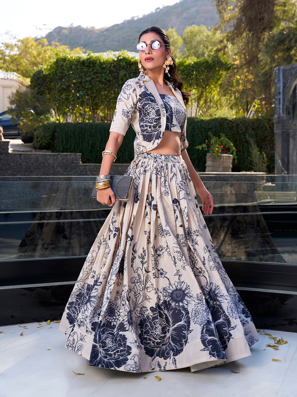 Ivory cream tussar silk crop top lehenga choli with floral print