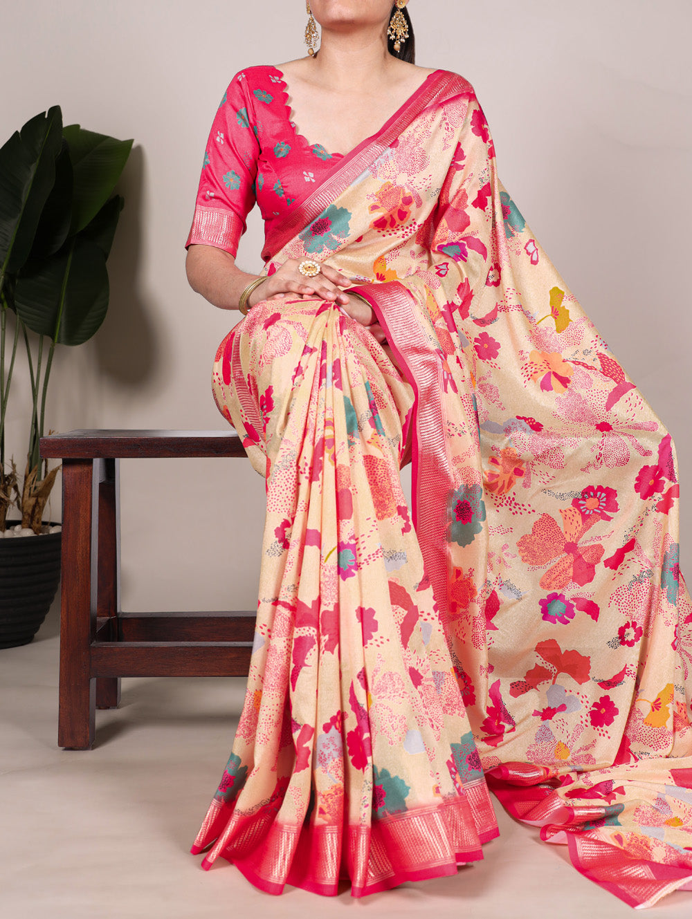 Cream tussar silk floral printed saree with viscose border wine blouse
