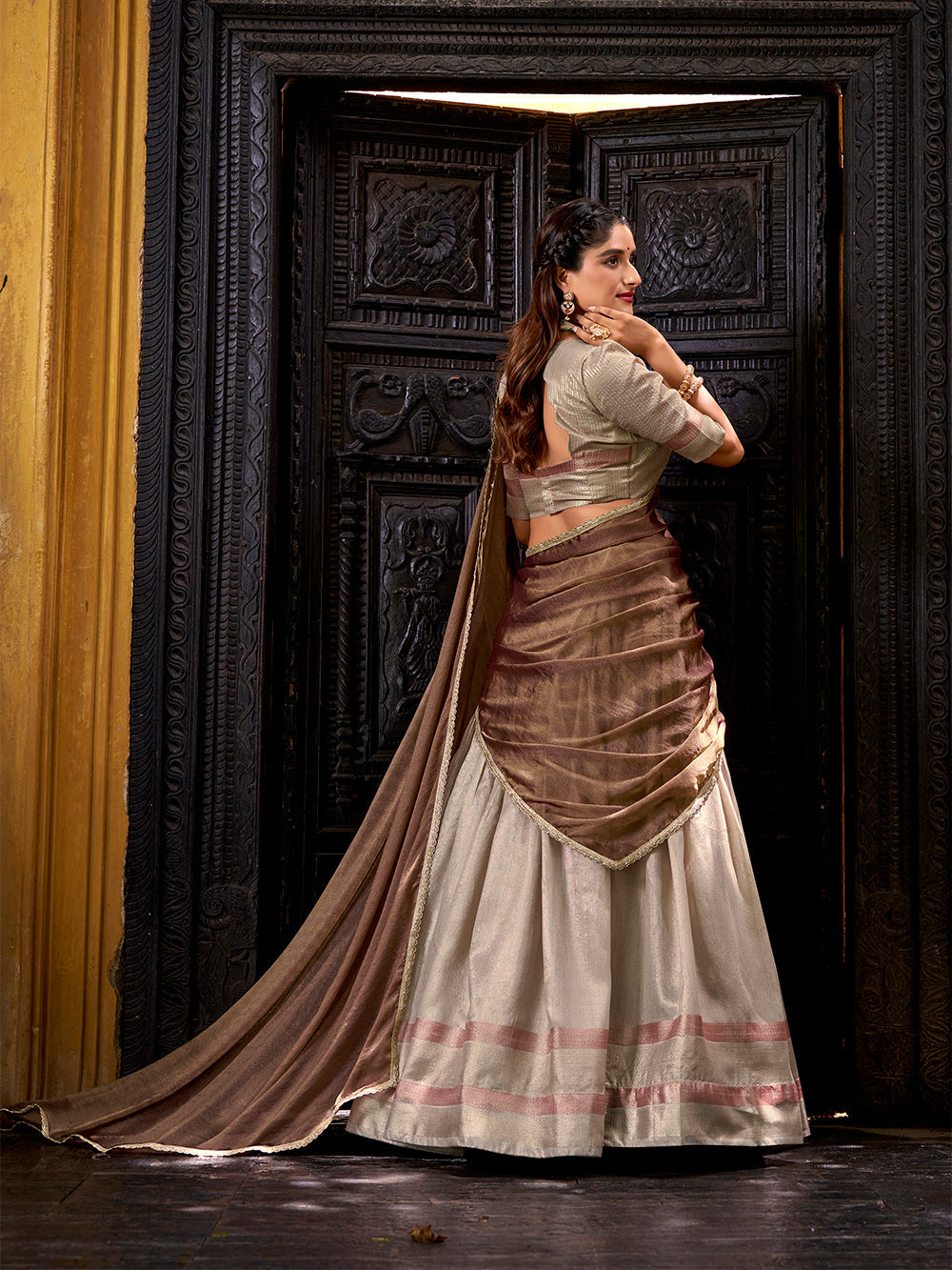 Cream dupion silk lehenga choli with zari weaving border shimmer lace dupatta