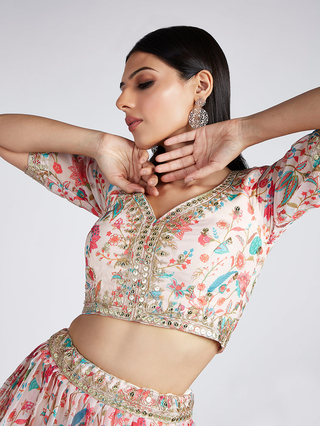 Cream colour Organza Floral design digital print Semi-Stitched Lehenga choli & Dupatta