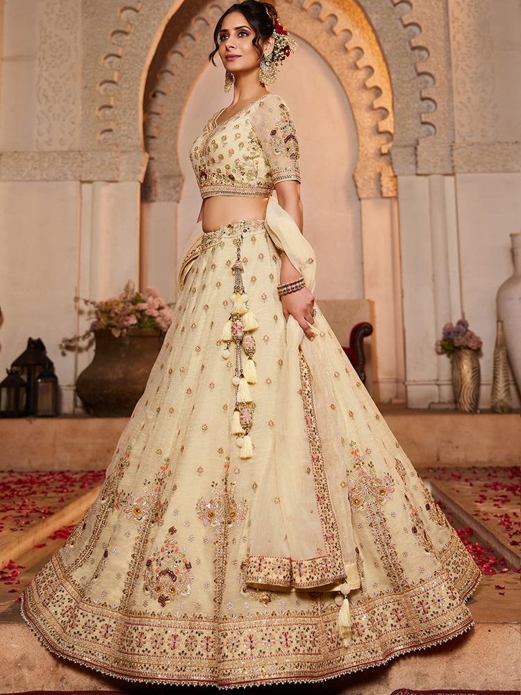 Cream colour Tissue Sequinse embroidery Semi-Stitched Lehenga choli & Dupatta