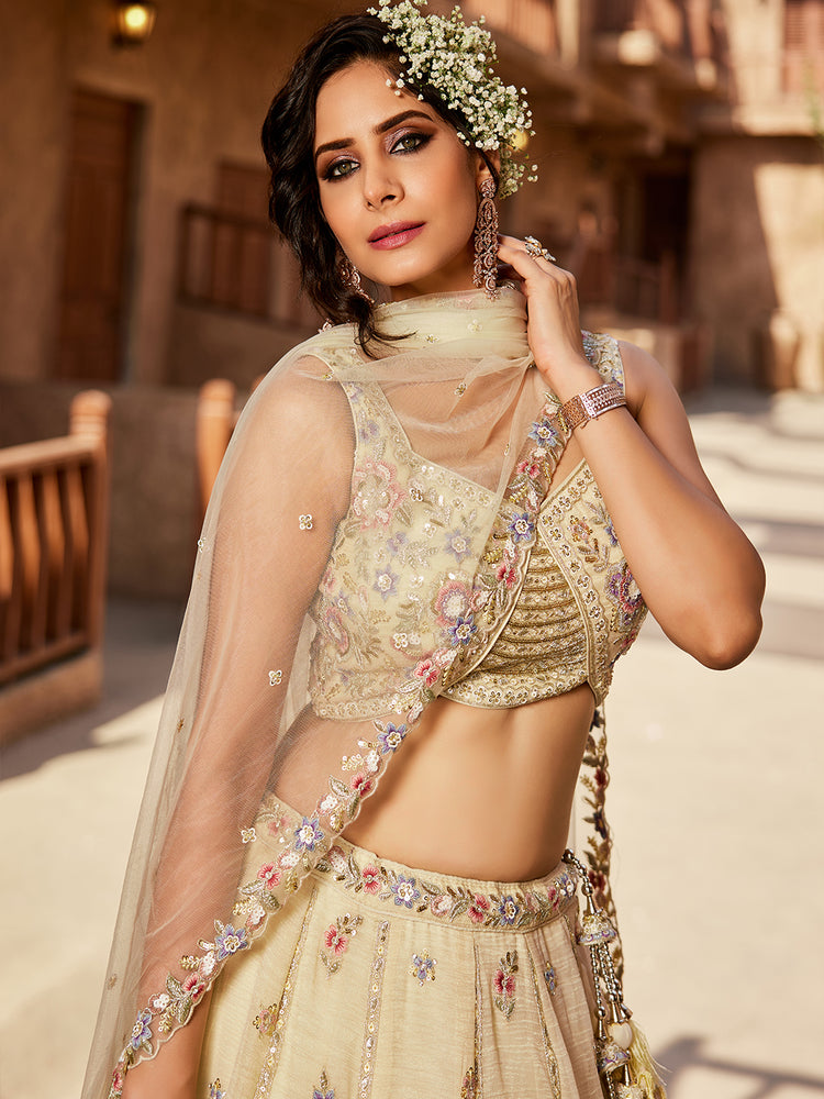 Cream colour Tissue Sequinse embroidery Semi-Stitched Lehenga choli & Dupatta