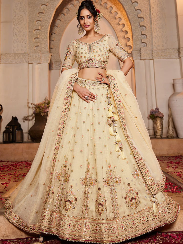 Cream colour Tissue Sequinse embroidery Semi-Stitched Lehenga choli & Dupatta