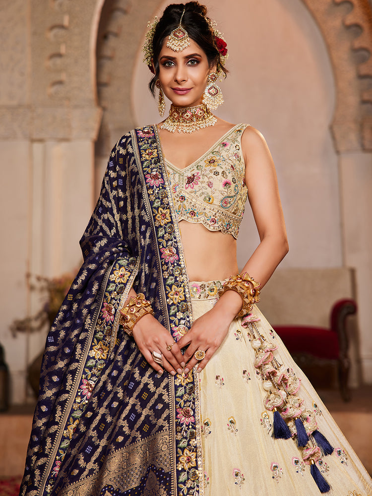 Cream colour Tissue Sequinse embroidery Semi-Stitched Lehenga choli & Dupatta