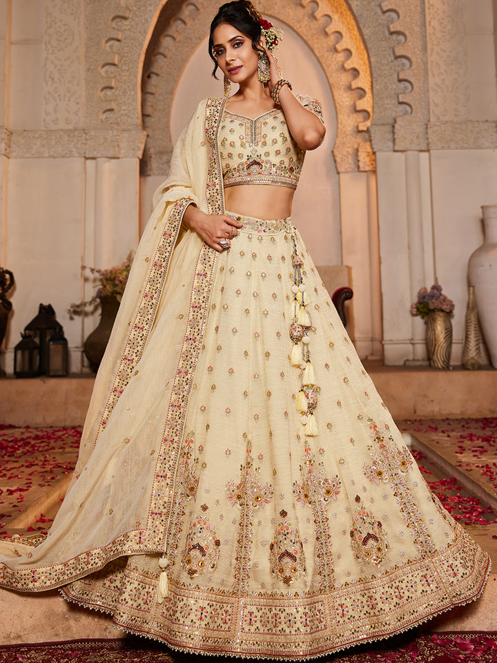 Cream colour Tissue Sequinse embroidery Semi-Stitched Lehenga choli & Dupatta