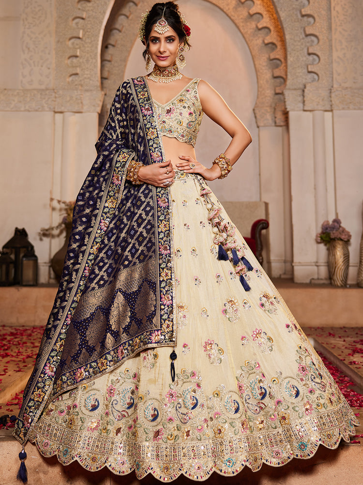 Cream colour Tissue Sequinse embroidery Semi-Stitched Lehenga choli & Dupatta