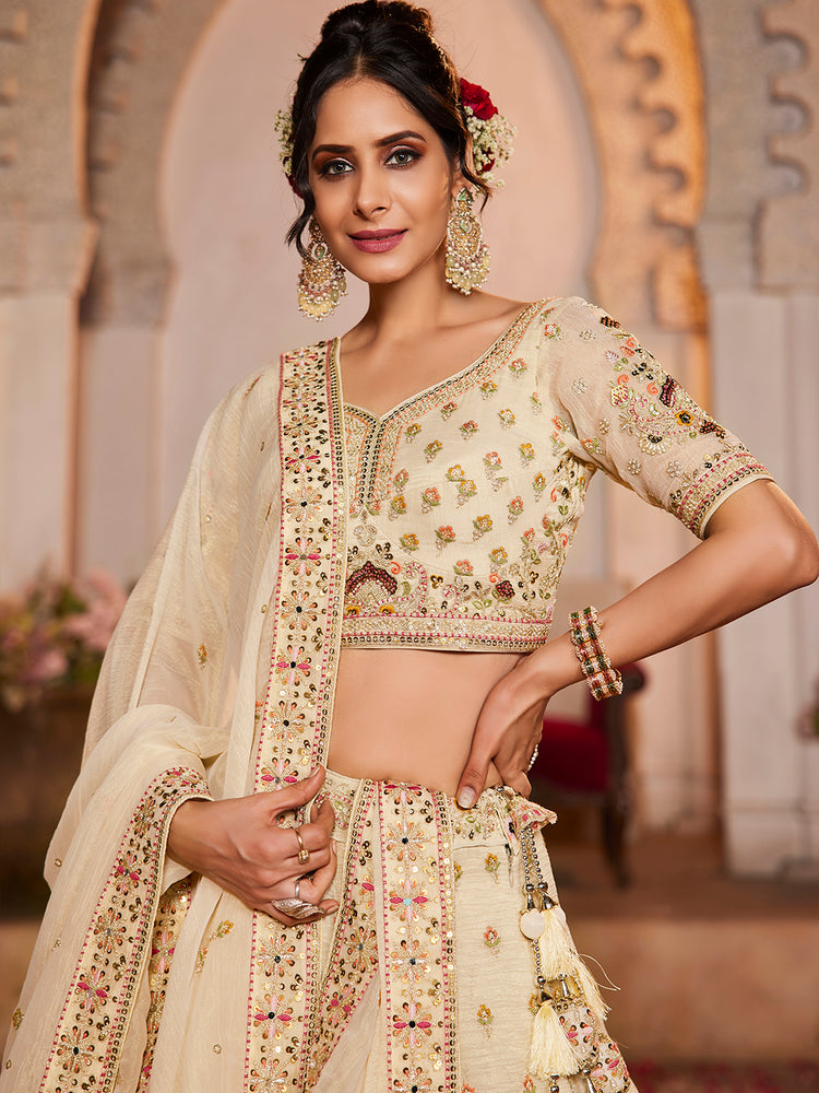 Cream colour Tissue Sequinse embroidery Semi-Stitched Lehenga choli & Dupatta