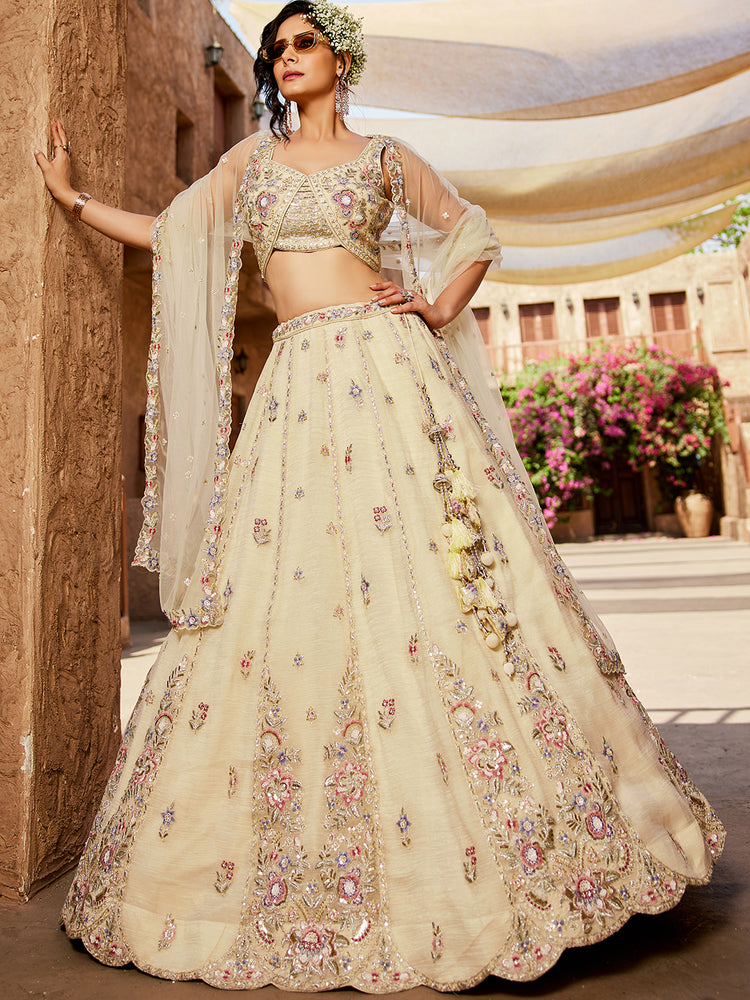 Cream colour Tissue Sequinse embroidery Semi-Stitched Lehenga choli & Dupatta