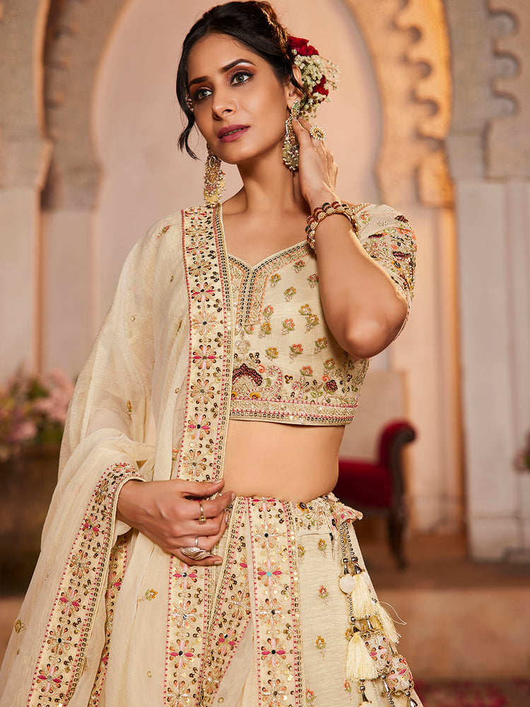 Cream colour Tissue Sequinse embroidery Semi-Stitched Lehenga choli & Dupatta