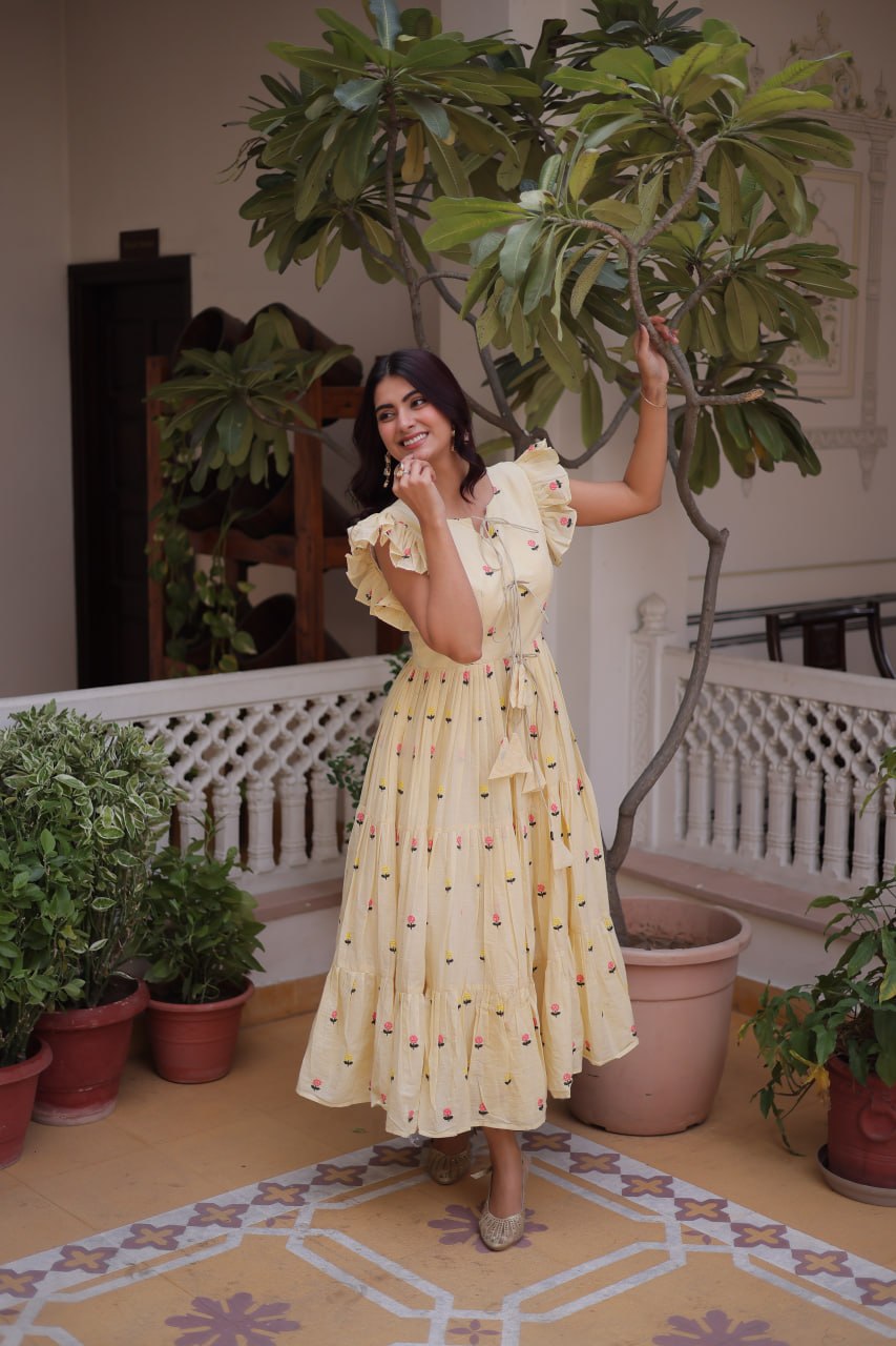 Cream Cotton Embroidered Anarkali Kurti