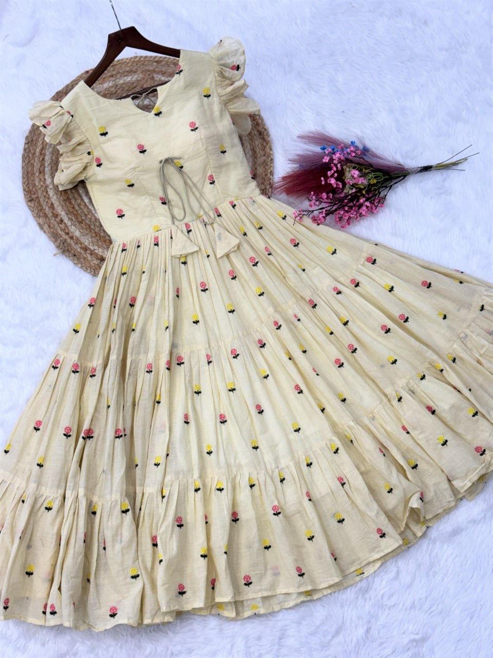 Cream Cotton Embroidered Anarkali Kurti