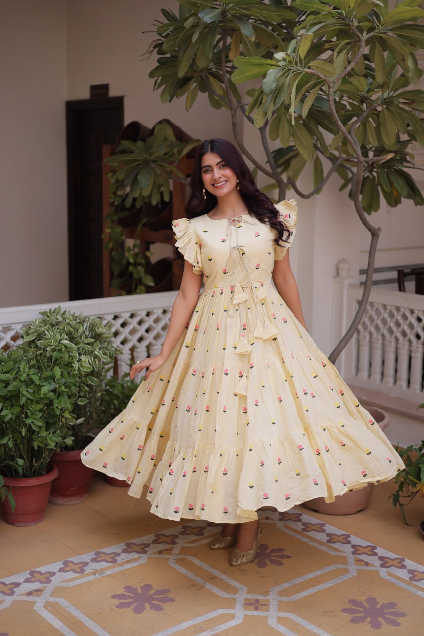 Cream Cotton Embroidered Anarkali Kurti
