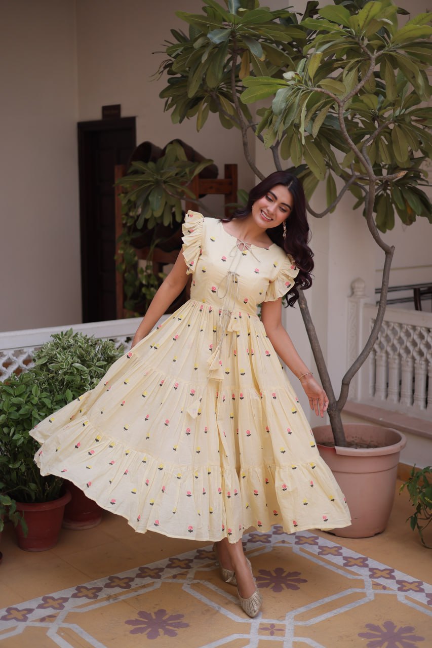 Cream Cotton Embroidered Anarkali Kurti