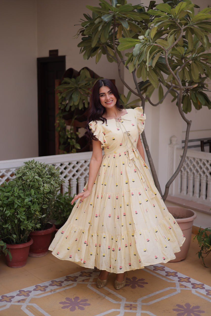 Cream Cotton Embroidered Anarkali Kurti