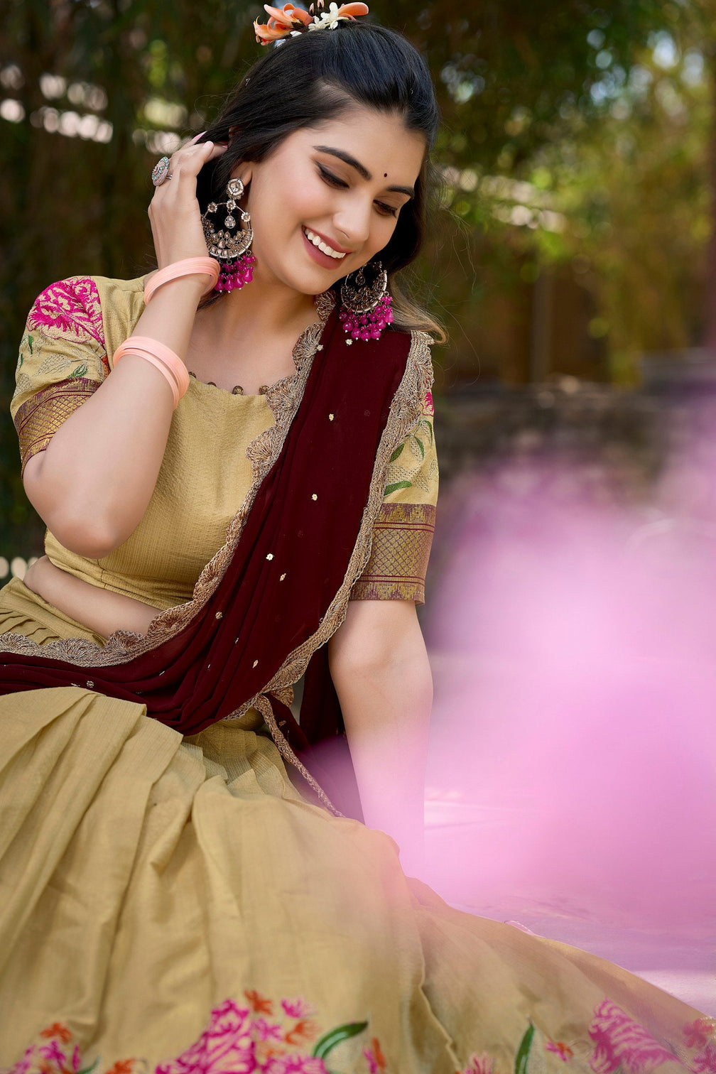 Cream Cotton Silk Lehenga Choli with Thread Embroidery & Sequined Georgette Dupatta