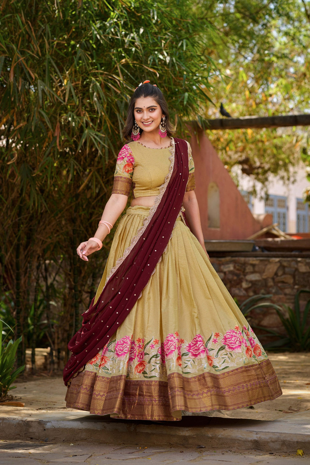 Cream Cotton Silk Lehenga Choli with Thread Embroidery & Sequined Georgette Dupatta