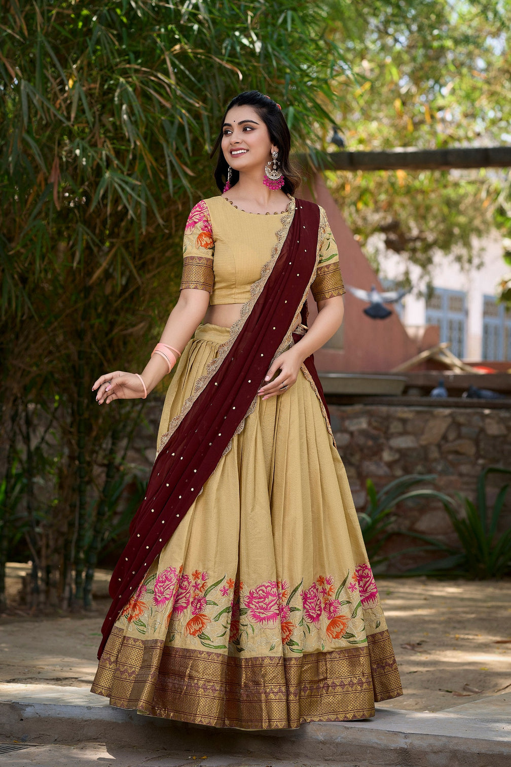 Cream Cotton Silk Lehenga Choli with Thread Embroidery & Sequined Georgette Dupatta