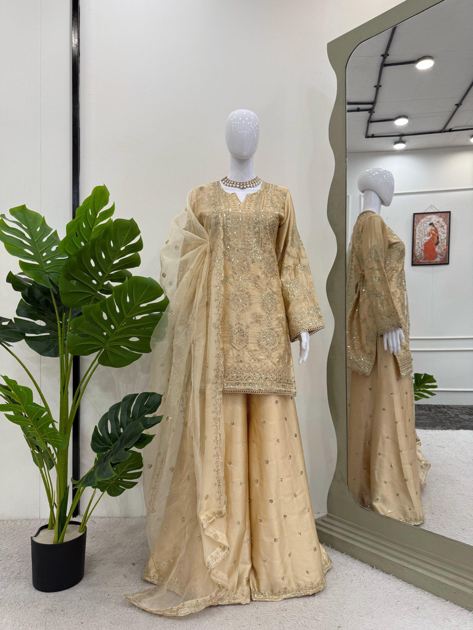Cream Eid Special Elegant Chinon Silk Plazo Suit Set