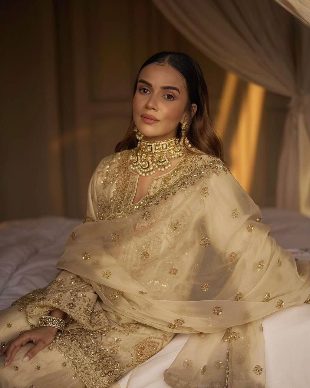 Cream Eid Special Elegant Chinon Silk Plazo Suit Set