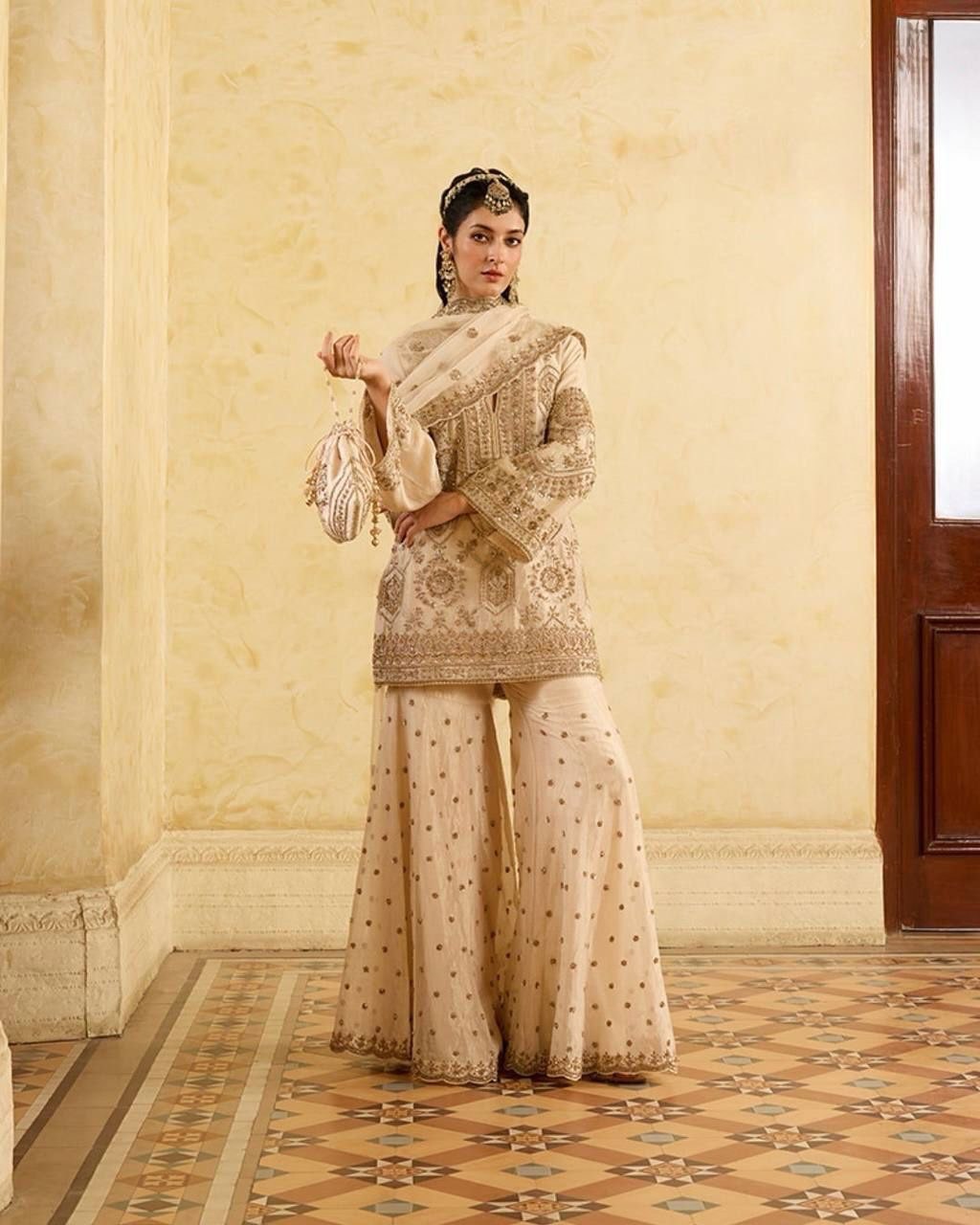 Cream Eid Special Elegant Chinon Silk Plazo Suit Set