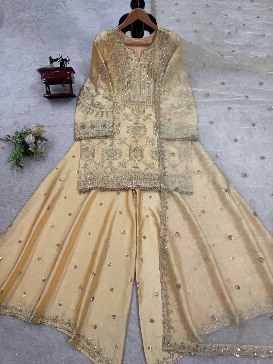 Cream Eid Special Elegant Chinon Silk Plazo Suit Set
