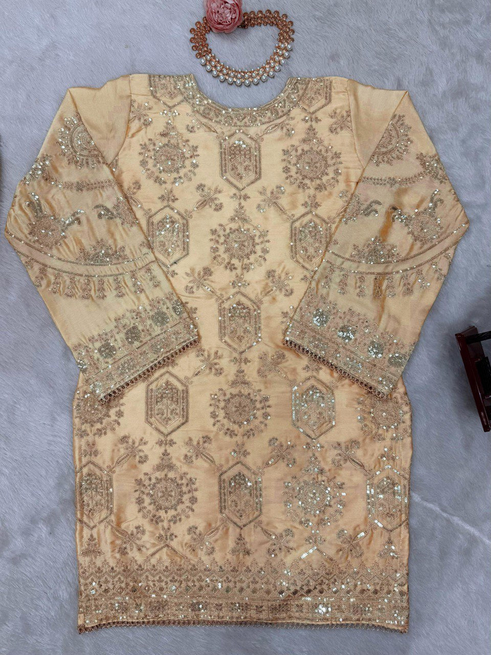 Cream Eid Special Elegant Chinon Silk Plazo Suit Set