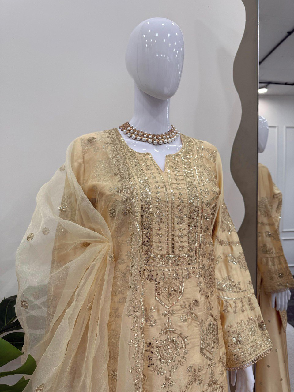 Cream Eid Special Elegant Chinon Silk Plazo Suit Set