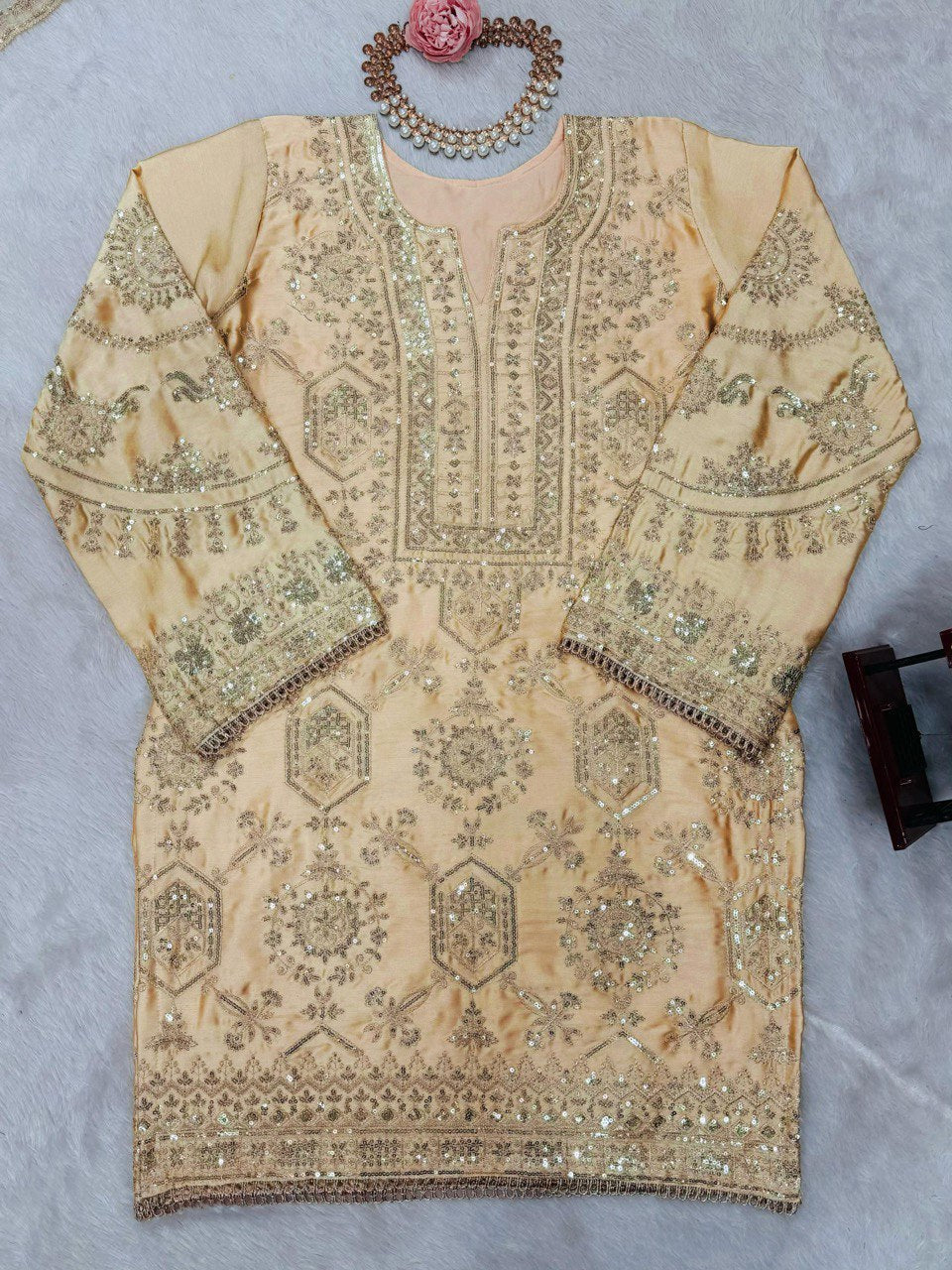 Cream Eid Special Elegant Chinon Silk Plazo Suit Set