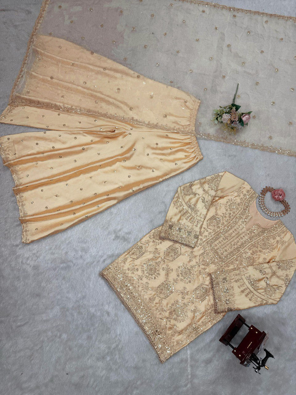 Cream Eid Special Elegant Chinon Silk Plazo Suit Set