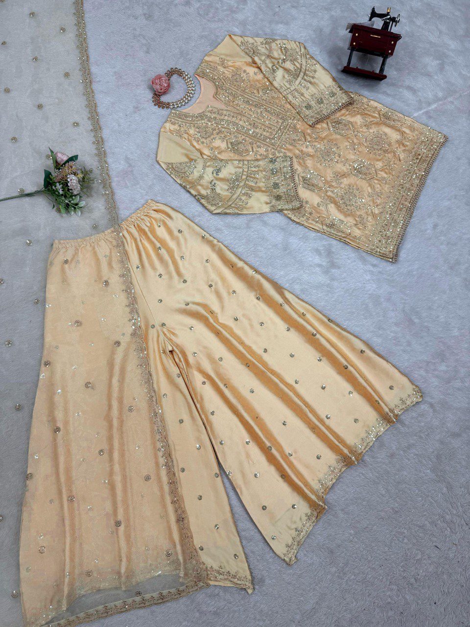 Cream Eid Special Elegant Chinon Silk Plazo Suit Set