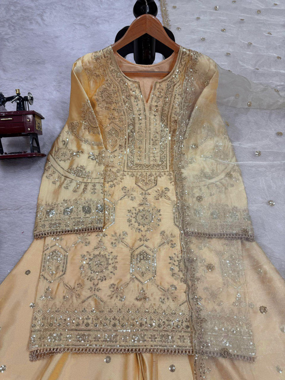 Cream Eid Special Elegant Chinon Silk Plazo Suit Set