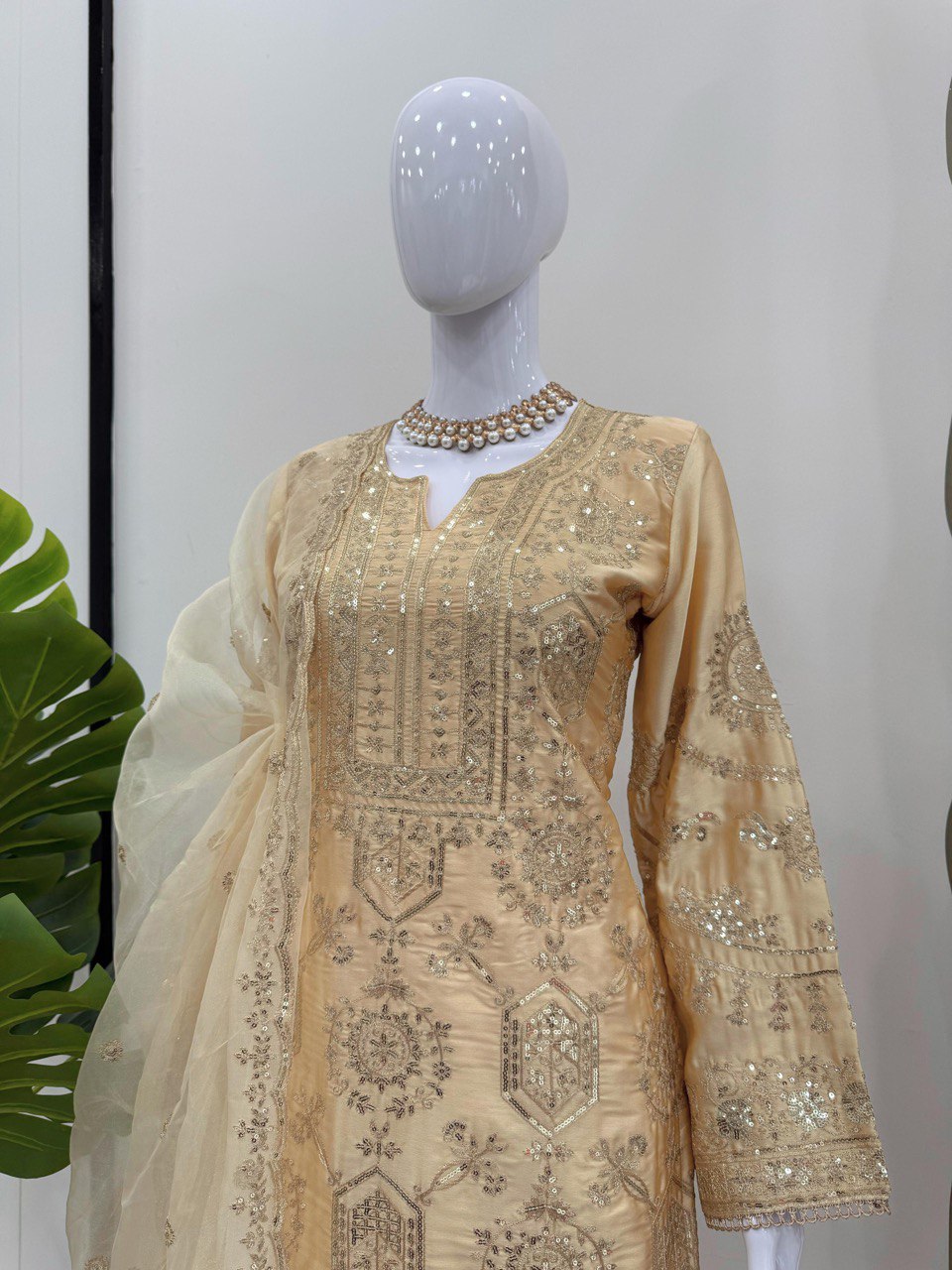 Cream Eid Special Elegant Chinon Silk Plazo Suit Set