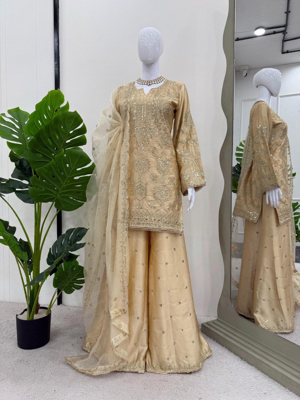Cream Eid Special Elegant Chinon Silk Plazo Suit Set
