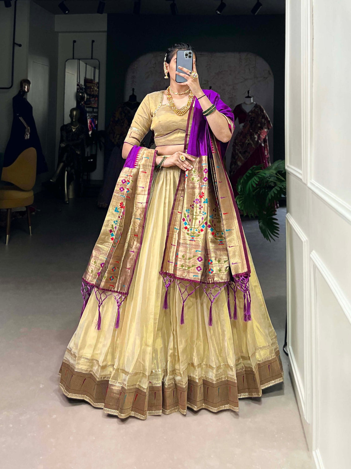 Cream Elegant Erode Lehenga Set with Paithani Lace Border – 3-Piece Stitched Set